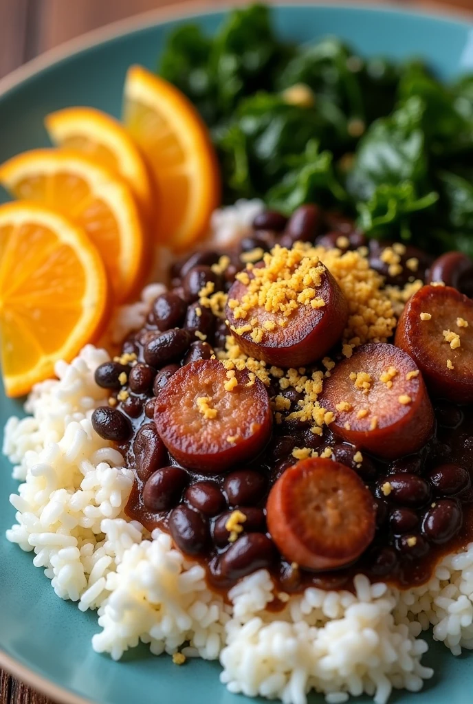Make a dish with rice, Feijoada ,farofa, colve and orange