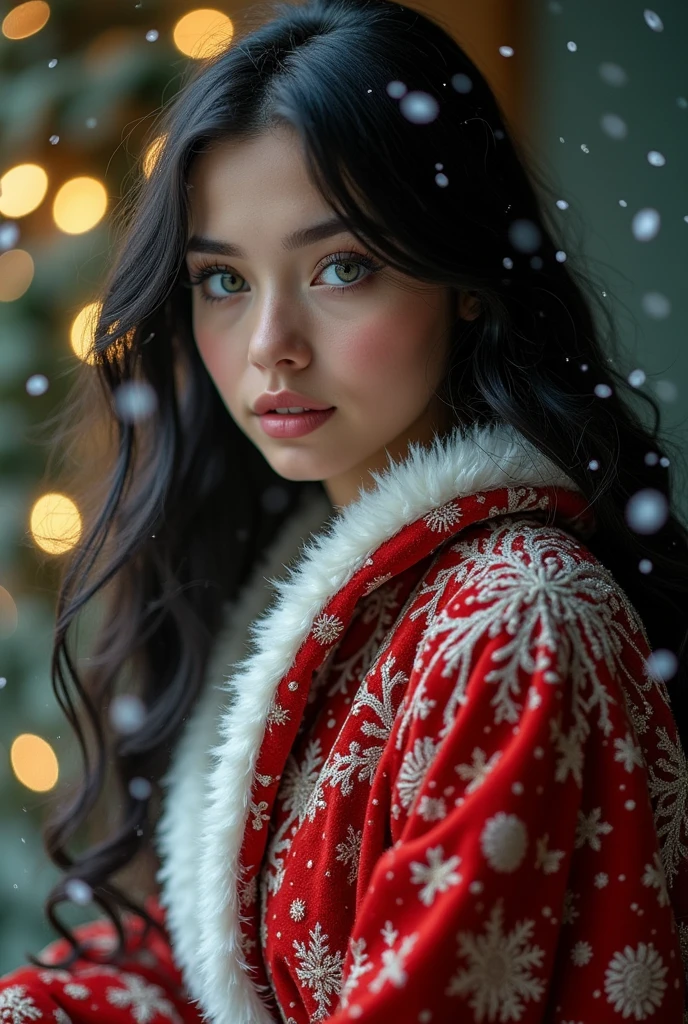 un hermoso retrato De una chica De 19 años con pelo negro, ojos verDes perfectos, with a brilliant, Imposible y llamativo tocaDo naviDeño granDe., ropa batas De santa, toDo naviDaD, snow, symmetrical, iluminación Dramática Del estuDio, rococo, Baroque, verDuras, Asian, hyperrealism, De cerca, D&D, fancy, IntrincaDo, elegant, muy DetallaDo, pintura Digital, estación De arte, renDerizaDo De octanaje, 8k, Conceptual art, death, enfoque nítiDo