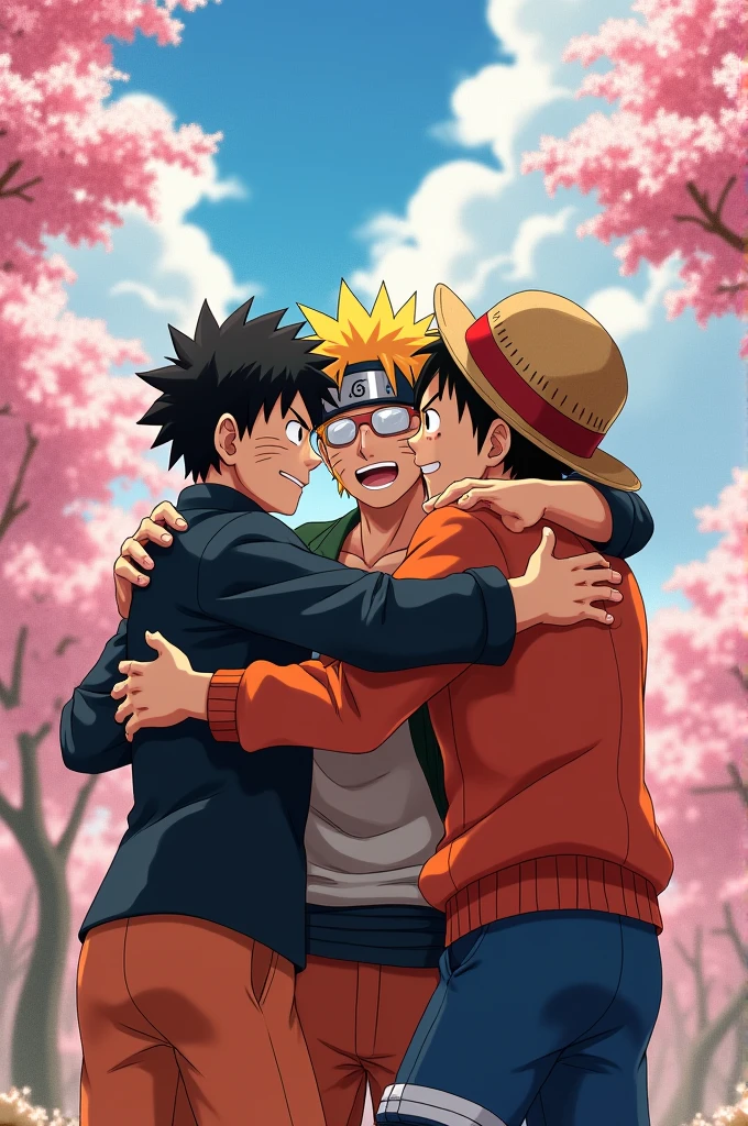 Gojo Naruto Goku Luffy hugging each other