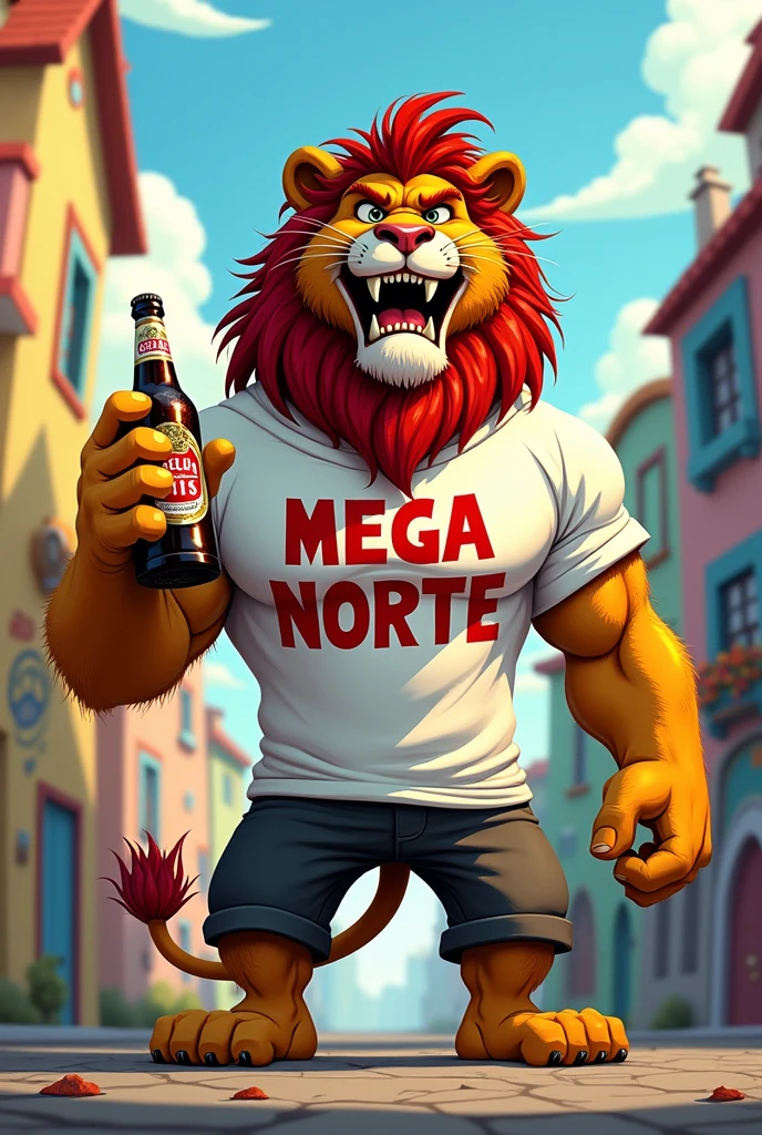 Create a cartoon of a strong lion with an evil face, white t-shirt with the words MEGA NORTE written on it and holding a STELLA ARTOIS beer