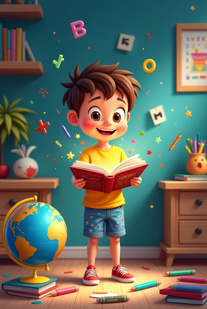 Create a 2D vector-style PNG image featuring:
A happy and curious boy, around 7-9 years old, holding an open book.
The boy should be depicted in a simple, colorful vector style (with clean lines and flat colors), wearing casual clothes like a t-shirt and pants or shorts.
The book should have a vibrant, decorated cover with magical or fantasy elements, and the pages should display lively, vector-style illustrations.
Surrounding the boy, include vector-style representations related to education and school, such as:
Books and notebooks
Pencils, crayons, and markers
A globe or map
Math symbols (like plus, minus, and multiplication signs)
Alphabet letters and numbers
School-related icons (like a chalkboard or school bus)
The background can be a simple, vector-style scene, such as a child’s bedroom or an outdoor setting, decorated with elements that complement the theme of learning (like educational posters or playful school supplies).