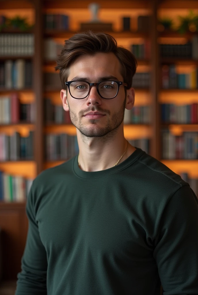 Handsome nerd man. short brown hair, Slightly athletic body. Eyeglasses 
