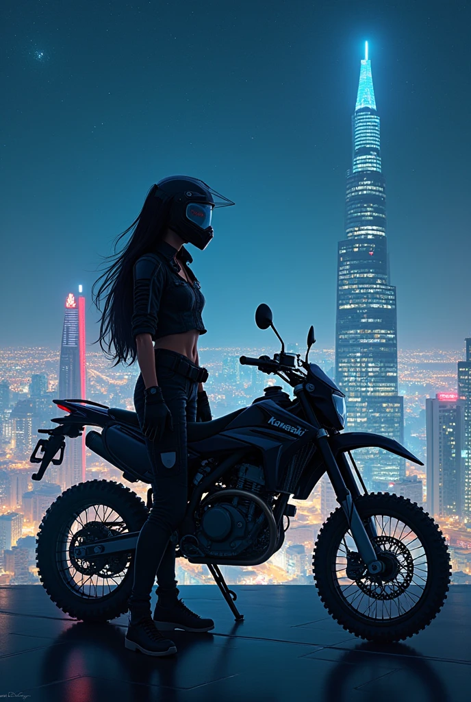 very beautiful Japanese high school girl, about to Ride on a off-road motorcycle, at the heliport of the top of the tallest building at night, amazing view of skyscrapers, dangerous place, dramatic scene, masterpiece, (face focus:1.3), clear helmet visor, beautiful eyes, Kawasaki bike, Shoei helmet, (wearing a cyber punk off-road rider's outfits), dynamic angle, 