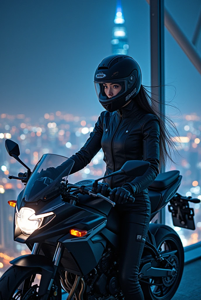 very beautiful Japanese high school girl, about to Ride on a off-road motorcycle, at the heliport of the top of the tallest building at night, amazing view of skyscrapers, dangerous place, dramatic scene, masterpiece, (face focus:1.3), clear helmet visor, beautiful eyes, Kawasaki bike, Shoei helmet, (wearing a cyber punk off-road rider's outfits), dynamic angle, 