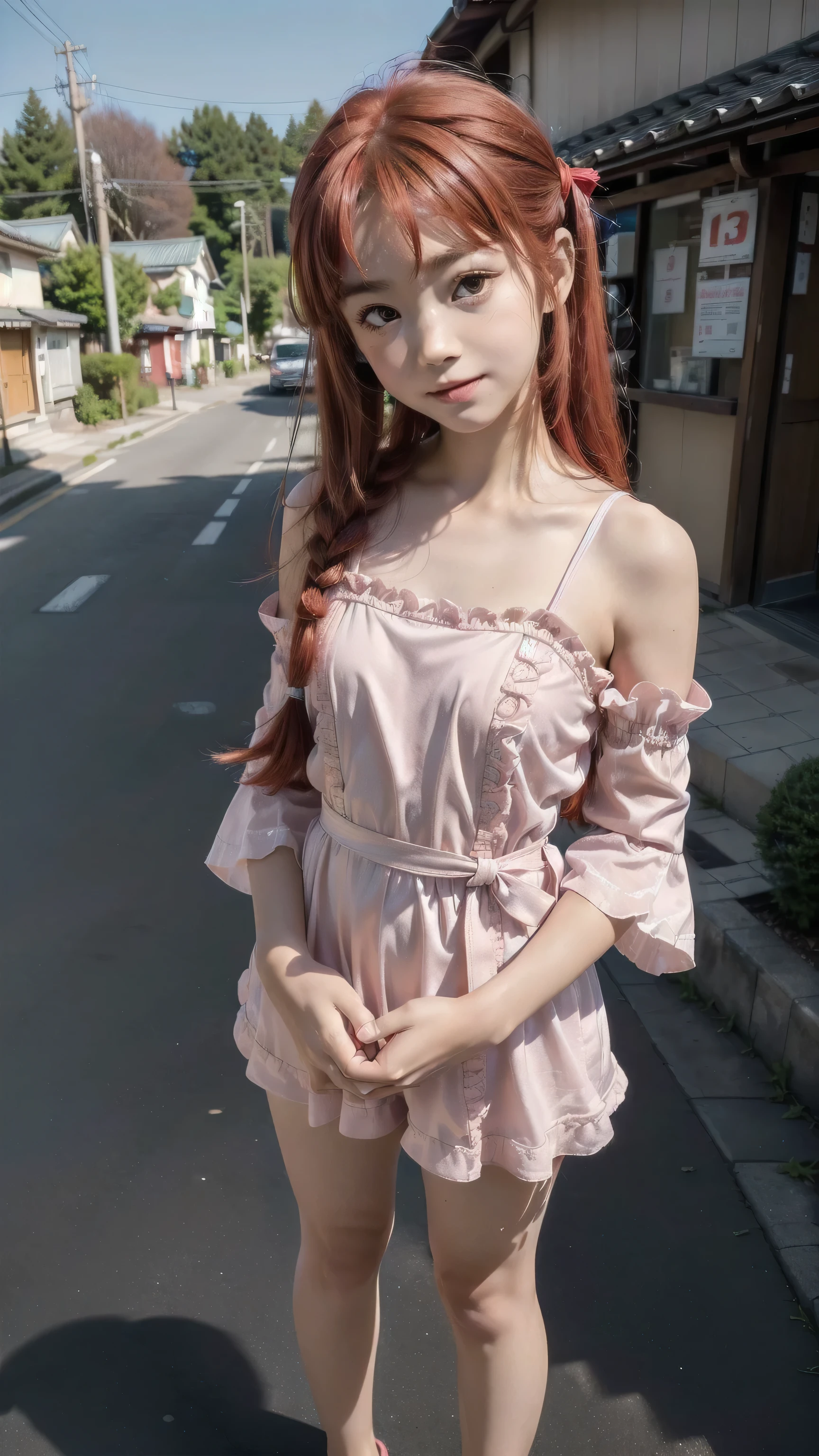 ((top quality, ultra-detailed, high resolution, extremely detailed CG, unity 8k wallpaper, by famous artist, perfect anatomy, super detailed skin, cinematic lighting, UHD, retina, anatomically correct, 1080P)), (Please draw a single one happy girl wakking in the japanese suburbs:1.3), ((1girl)), (Solo, face,13-year-old:2.0), a junior high school student, ((cute petit girl, chibi, babyface)) androgynous charm, (Medium hair, ((full red hair)) ((redhead)), pigtails, straight bangs, with a bow in her hair, ((very thin legs)), ((skinny legs, thin body, small build)), Full limbs, complete fingers, ((perfect fingers and hands)), flat chest, small breasts, childish body, small butt, groin, Beautiful detailed full yellow gold eyes, perfect eyes, (Detailed Lighting), ((japanese suburbs background)), (Detailed scenary background), full body view, ((standing)), legs. Cute, kawaii single girl (one girl), full body shot, front body, ((left hand up, right hand down)), ((little young 13 years old body:1.3)), (("A flowy ulzzang dress in soft pink with lace details, puffed sleeves, and a ribbon belt, worn by a girl with wavy hair and a sweet smile))), ((A natural, correctly proportioned hands)), ((Straight bangs cut just to the eyebrows, perfectly aligned and not moving to the side:1.3))
