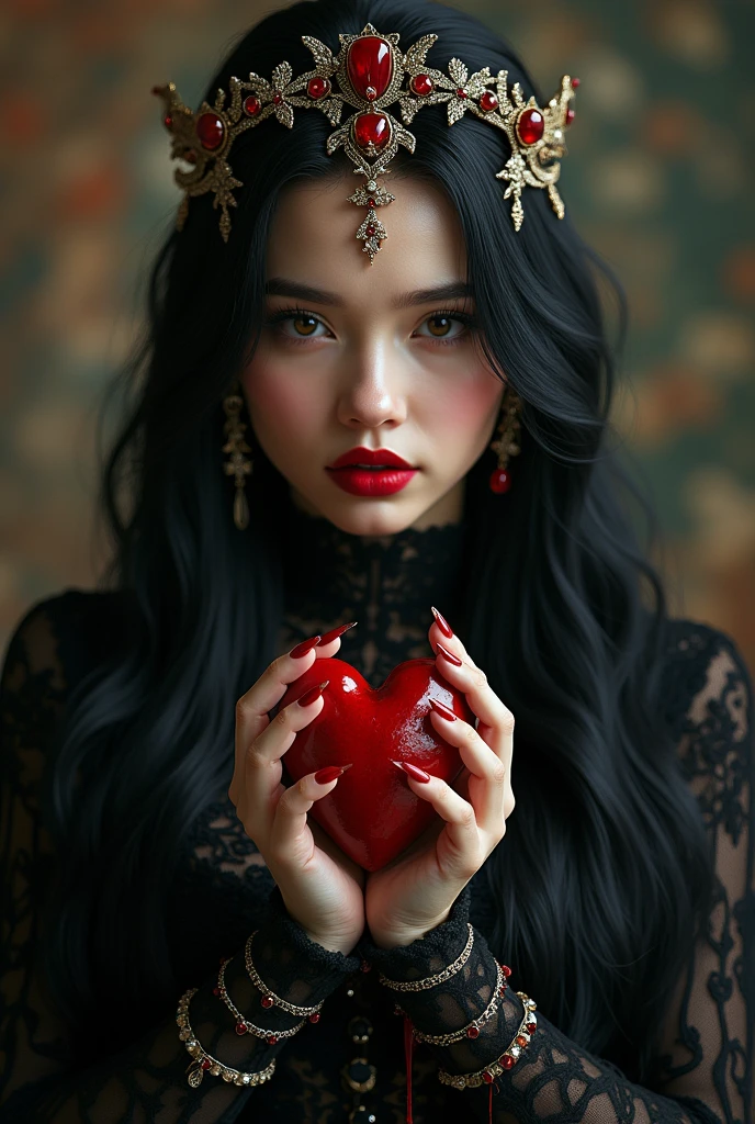 ((RAW Photo), absurd, (absurdresolution)), masterpiece, best quality, (Extremely detailed 8k unity CG wallpaper), (best illustration), (best shadow), Realistic lighting, beautiful detailed glow, ((21 years old)), girl, long black hair, black queen, accessories, real heart with blood in hand, dripping blood, witch queen, red lipstick, (((Photographic Perspective of her)))