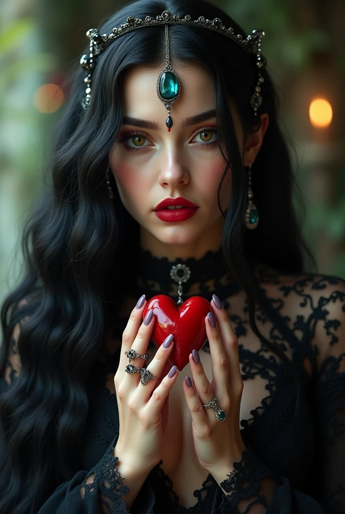 ((RAW Photo), absurd, (absurdresolution)), masterpiece, best quality, (Extremely detailed 8k unity CG wallpaper), (best illustration), (best shadow), Realistic lighting, beautiful detailed glow, ((21 years old)), girl, long black hair, black queen, accessories, real heart with blood in hand, dripping blood, witch queen, red lipstick, (((Photographic Perspective of her)))