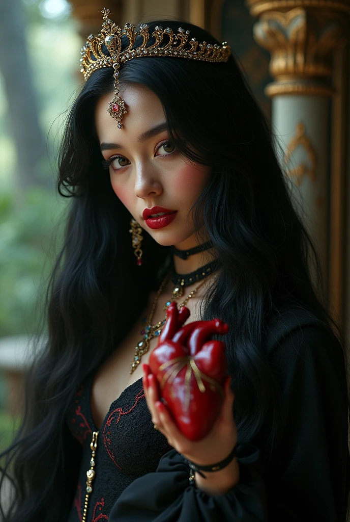 ((RAW Photo), absurd, (absurdresolution)), masterpiece, best quality, (Extremely detailed 8k unity CG wallpaper), (best illustration), (best shadow), Realistic lighting, beautiful detailed glow, ((21 years old)), girl, long black hair, black queen, accessories, real heart with blood in hand, dripping blood, witch queen, red lipstick, (((Photographic Perspective of her)))