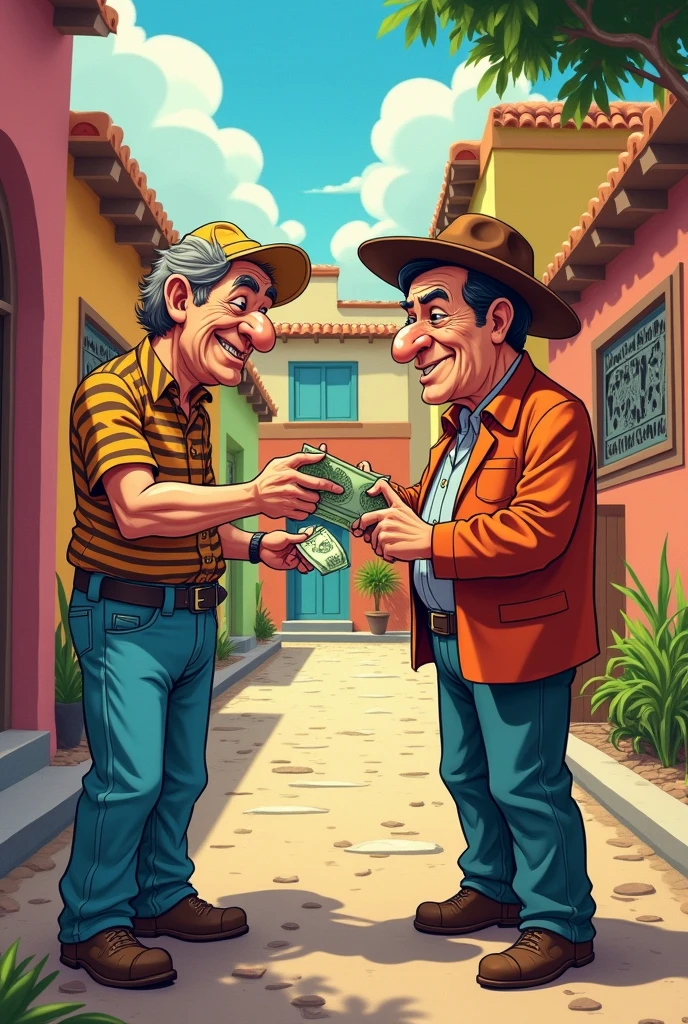 Image of Don Ramon paying the rent to Don Barriga from Chavo del 8

