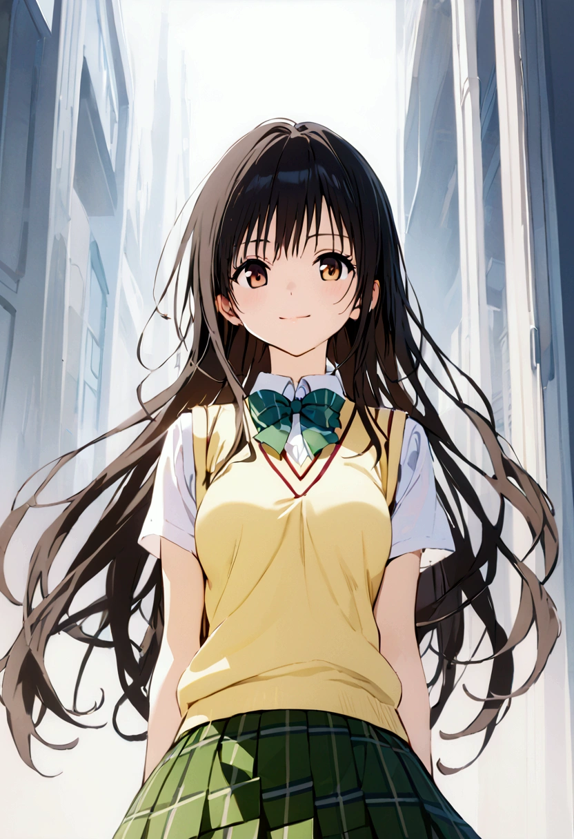 kotegawa yui, brown eyes, black hair, long hair, medium breasts, school uniform, skirt, sweater vest, looking at viewer, light smile, upper body, 
masterpiece, best quality, very aesthetic, absurdres, straight-on, 
