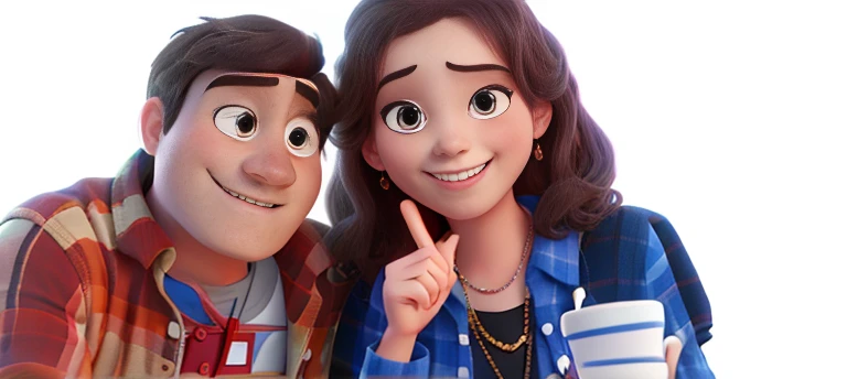Man and woman together smiling , disney style, pixar high quality