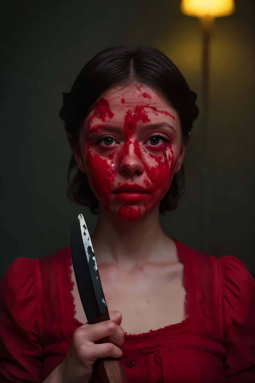 Head and sholders portrait. (Pearl from the A24 movie "Pearl", ((blood splatter droplets on her face)), holding an knife, wearing a red dress), standing in a dimly lit, eerie farmhouse setting, cinematic lighting, hyper-realistic style, high detail, dramatic shadows, (shallow depth of field), (moody color grading), (sharp focus), (tense atmosphere), (vintage film grain), (portrait photography style), dark background, (masterpiece: 2), best quality, ultra highres, original, extremely detailed, perfect lighting
