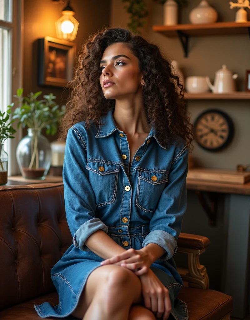 Editorial Photo of Classic bombshell wearing Shirtdress: A dress that resembles a classic button-down shirt, often with a collar and button front. Variations could include a denim fabric with contrasting white stitching, or a bold and colorful abstract print. In a seated position with legs crossed beautiful woman curly hair In a boutique