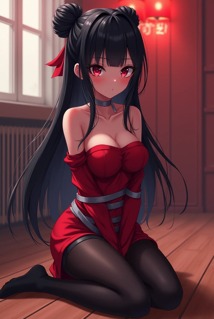 Anime girl with long black hair tied in a bun at the back, bright red cheeks, straight gray tape around her mouth, wearing red, off-the-shoulder red clothes, wearing black hose, sitting on the floor and her pantible, her arms stuck together from behind and her chest stuck to her arms, her chest and arms tied together with tape, her belly and chest on the floor. Anime girl