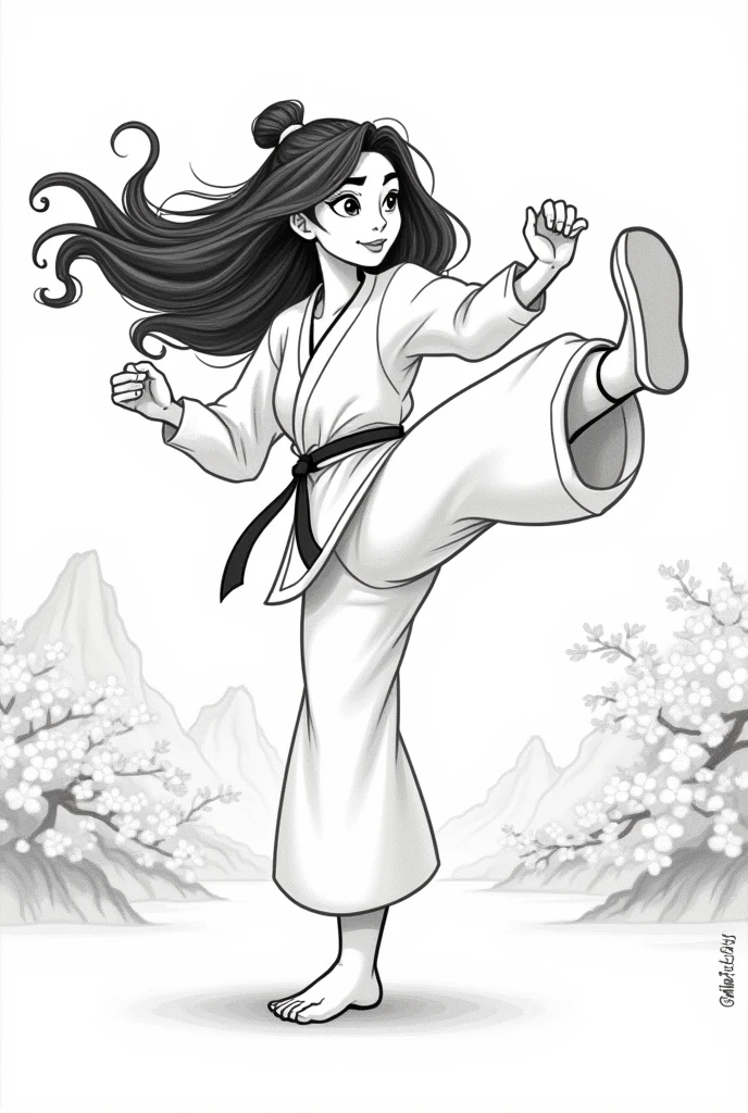 drawing of disney mulan with curly hair, in a white karate fighter outfit giving a kick in the form of a pencil cartoon with the contours marked to make a tracing