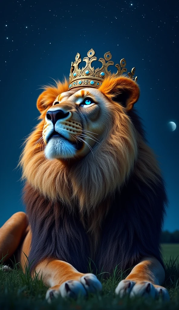 Generate a super mega hyper ultra realistic 8k image of a lion with blue eyes , stark, bonitas, with a king's crown on his head looking at the sky at night