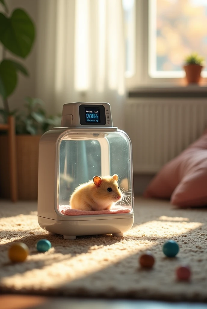 There is a hamster inside a plastic and glass chamber where it receives a complete scan of its vital signs and medical status and states that are determined by a veterinarian but using the camera., temperature states, Blood pressure and heart rate will be displayed on the back side of the camera and other medical results will be transferred to a monitoring application., The camera is located in a house and is a cheap camera and its owner can observe the process