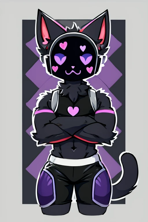 Big black cat , black robot helmet with a purple kawaii cat face, muscular, furry, black sleeveless shirt, Morados shorts, with heart stickers on the body 