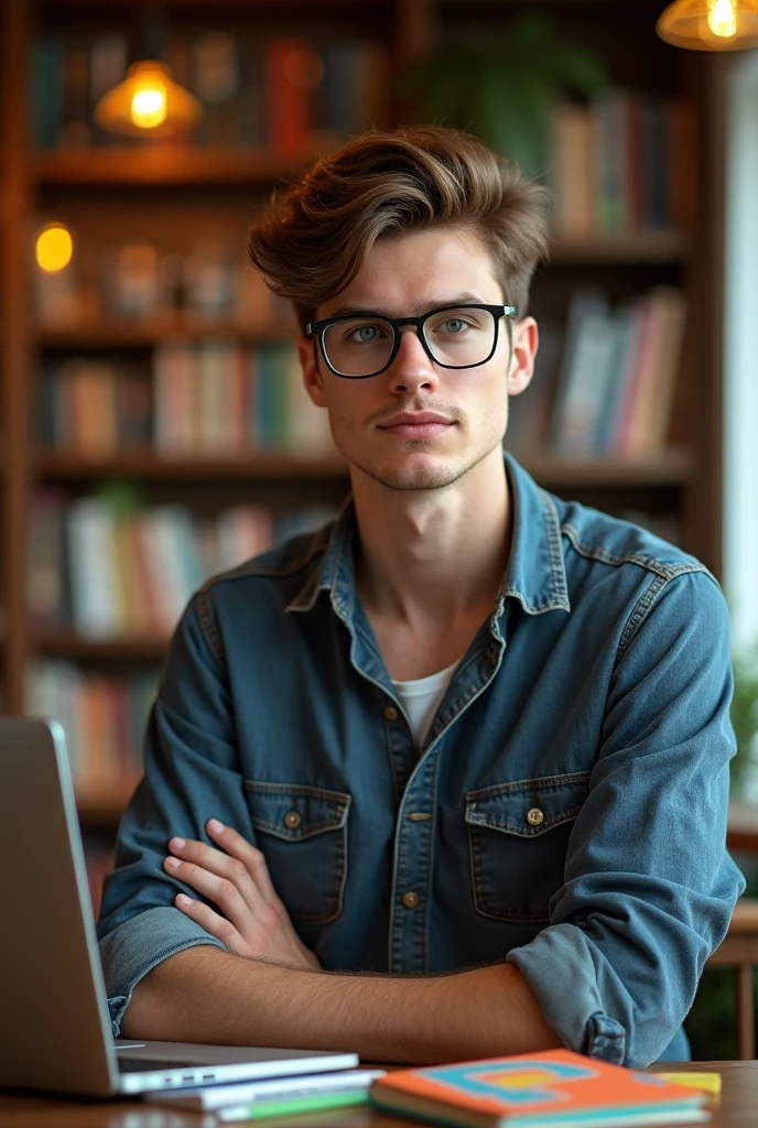 Handsome nerd man. Short brown hair low, Slightly athletic body. Eyeglasses 
