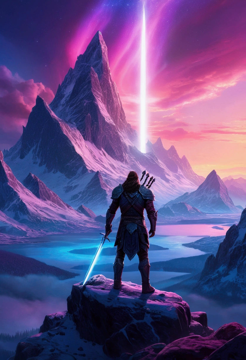 Capture an imposing hero on top of a mountain, northern lights. a luminous armor, reflecting heavenly lights, holding a sword of light in one hand and an ancient book emanating mystical power in the other. ao redor, Dark Nephilim fade into shadows on the battlefield below, full of weathered rocks, ancient trees and rivers of neon light. The glorious dawn begins to appear on the horizon, bathing the scene in vibrant shades of blue, purple, and pink, Creating an epic atmosphere, detailed in ultra 4K resolution.