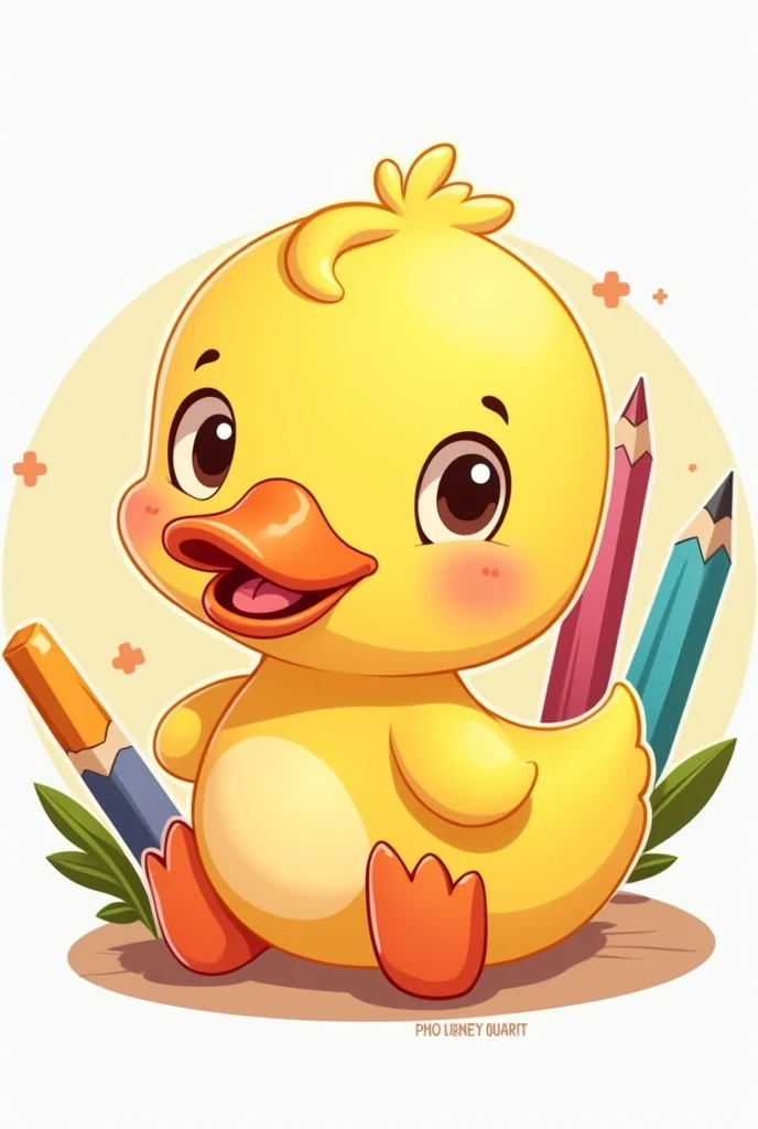 Create a logo for a craft company with cute animated yellow and orange colors with a representative duck