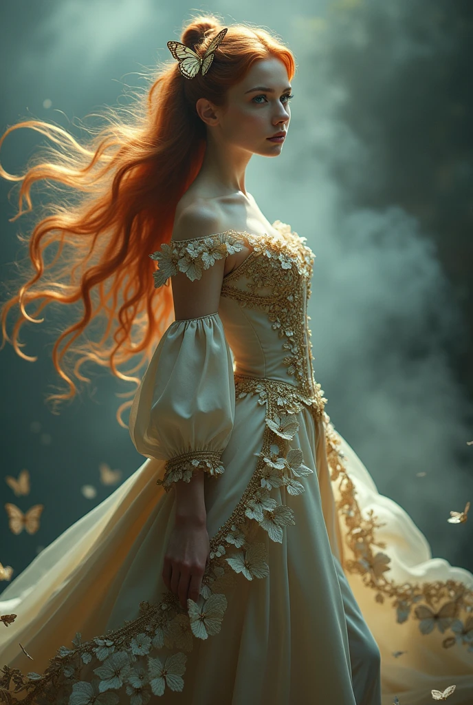 (solo, full body photo:1.3), (action packed:1.3), (haze, fog, mist:1.3), chiaroscuro, best quality, photorealistic, 1woman, (cute), (24yo:1.2), redhead, long ginger hair highly detailed, 1700'S, digital photography, art by artgerm and ruan jia and greg rutkowski surreal painting gold butterfly filigree, broken glass, (masterpiece, sidelighting, finely detailed Fashionable eyes: 1.2) (perfect oval large eyes that gazes at the viewer), beautiful detailed face, blue gorgeous perfect eyes, (blonde hair ponytail), (attractive young woman:1.3), (thick amazing hair), (seductive:1.1), (blushing:1.1)