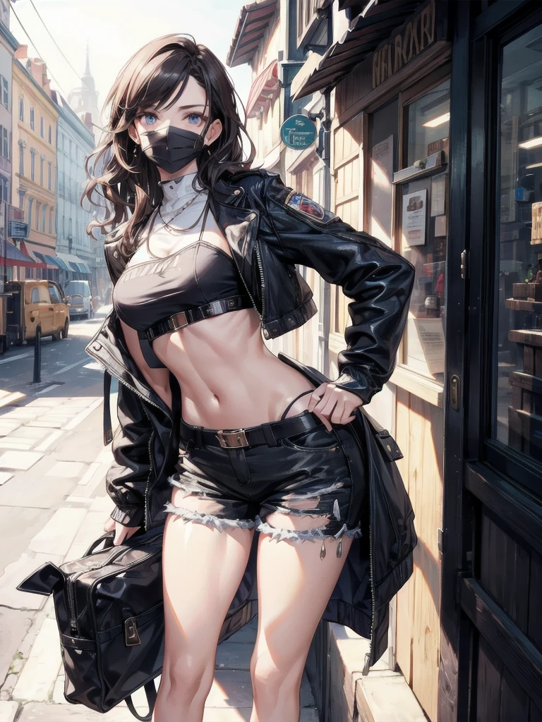 absurdres, RAW photo, extremely delicate and beautiful, masterpiece, Best Quality, ultra high resolution, 32k, hyperrealistic, realistic, photorealistic, photo-realistic, ultra-detailed, Very detailed CG 8k wallpaper, detailed background, landscape, Beautiful Lighting, Perfect Lightning, Realistic Shadows, perfect anatomy, anatomically correct, ideal ratio body proportions, perfect figure, Perfect Style, Perfect balance, super Detailed skin, in her 30s, very Slim body, narrow waist, very small head, very small face, delicate facial features, handsome detailed woman, very detailed eyes and face, realistic face proportions, Realistic beautiful face, Realistic beautiful eyes, tearful mole, earring, very huge round tits, medium hair, asymmetrical hair, wavy hair, gunman attire, jacket, post apocalyptic desert city, midriff, shorts,