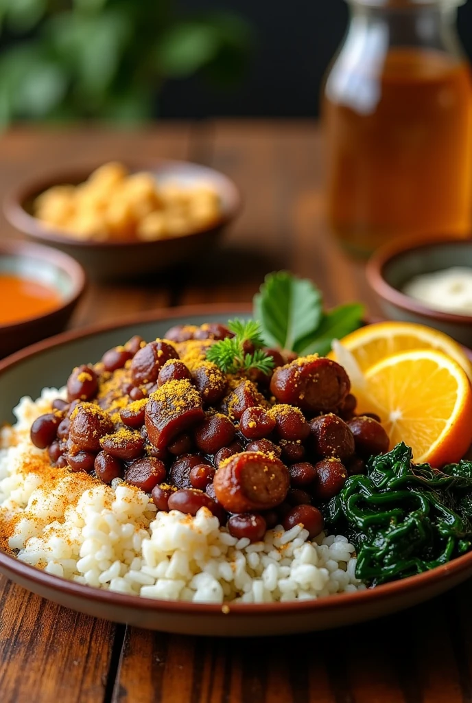 Make a dish with rice, Feijoada ,farofa, colve and orange
