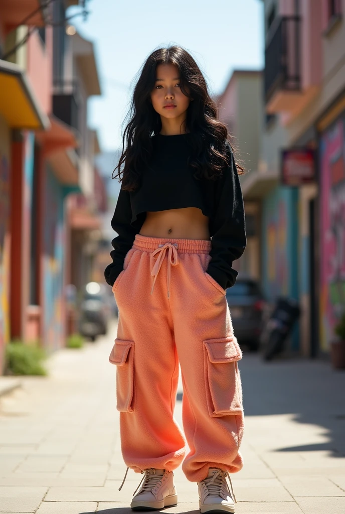 A ager with black hair and pure white skin. Wearing big fluffy peach pants with pockets. Jordan shoes. And has a black long sleeve showing a really little of her belly