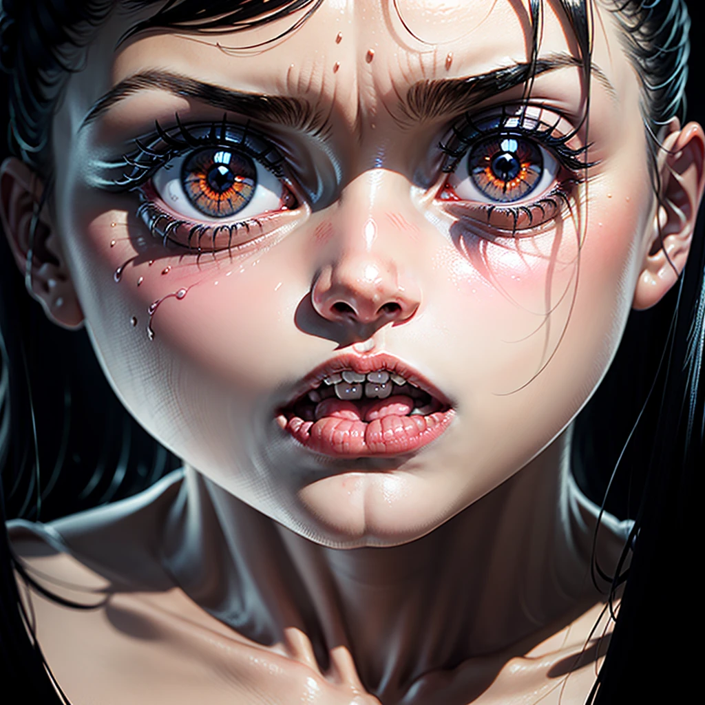 (Junji Ito manga portrait illustration of girls face), horrified, scared, afraid expression, detailed, horror theme:1.5, gothic horror, black and white, creepy atmosphere, disturbing)