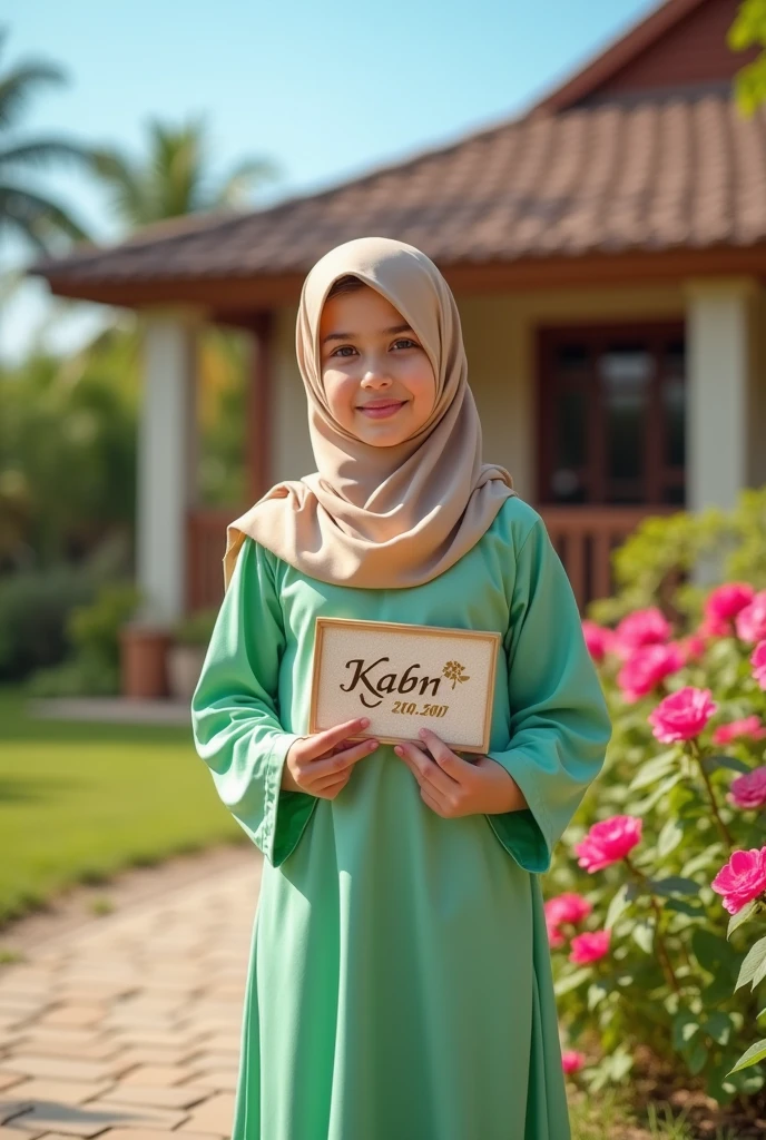 A Girl standing near a house wearing green abaya with skin scarf holding Kabir name sign board 

