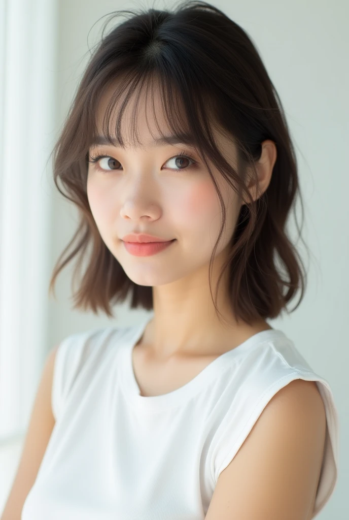 Top quality, Reality, 8K, HD, 1 girl, Miss, (Skin Indentation), (portrait: 0.6), Gorgeous, (White background: 1.82)), ((Large round breasts, Sleeveless white T-shirt: 1.75)), Look directly at the audience: 1.8, (1 girl Eyes, Medium Length Hair, Brown hair, partedbangs : 1.65), Reality, (Bokeh), (mouth close: 1.46), Gorgeous, Pure face_v1,