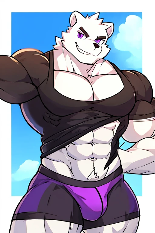 polar bone, muscular, purple eyes, with black sleeveless shirt, purple underwear, with a mischievous smile