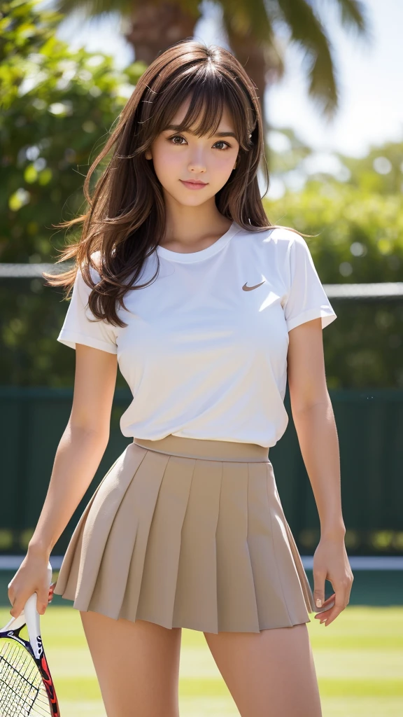 masterpiece, Highest quality, Very detailed, High resolution, (Realistic, photoRealistic:1.37), Excellent anatomy, One beautiful woman,18-year-old,tennis Club,(Knee-deep shots:1.3),(Focus on skirt and thighs:1.5),A small smile,Play Tennis,Tennis Wear, (shape), Ultra Short Short Pleated Mini Skirt, ((Very delicate and beautiful)), (Bokeh, Blurred outdoor background), Brown Hair, Long Hair, bangs,Very beautiful face, Cute type, ,Big Natural Color Lip, Big and pretty eyes, Brown eyes, Obvious double, Small and cute nose, Brown eyes, Shiny highlight spots around the eyes, Character Focus, Tilt your head, The best light, Best Shadow, mysterious, Perfect Face, Very detailed, Soft Skin, (Glowing Skin, Sweaty: 1.2)&#39;Beautiful feet, Voluptuous thighs, Plump body, Huge breasts, (Expresses the roundness and softness of the chest area.........1), Beautiful body, (The perfect woman),(Lower both arms to the sides:1.3),Relaxed pose,Are standing,Complete off-shot,