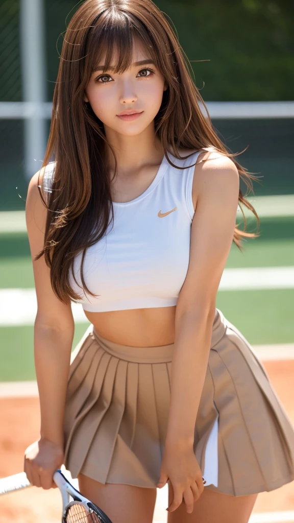 masterpiece, Highest quality, Very detailed, High resolution, (Realistic, photoRealistic:1.37), Excellent anatomy, One beautiful woman,18-year-old,tennis Club,(Knee-deep shots:1.3),(Focus on skirt and thighs:1.5),A small smile,Play Tennis,Tennis Wear, (shape), Ultra Short Short Pleated Mini Skirt, ((Very delicate and beautiful)), (Bokeh, Blurred outdoor background), Brown Hair, Long Hair, bangs,Very beautiful face, Cute type, ,Big Natural Color Lip, Big and pretty eyes, Brown eyes, Obvious double, Small and cute nose, Brown eyes, Shiny highlight spots around the eyes, Character Focus, Tilt your head, The best light, Best Shadow, mysterious, Perfect Face, Very detailed, Soft Skin, (Glowing Skin, Sweaty: 1.2)&#39;Beautiful feet, Voluptuous thighs, Plump body, Huge breasts, (Expresses the roundness and softness of the chest area.........1), Beautiful body, (The perfect woman),(Lower both arms to the sides:1.3),Relaxed pose,Are standing,Complete off-shot,