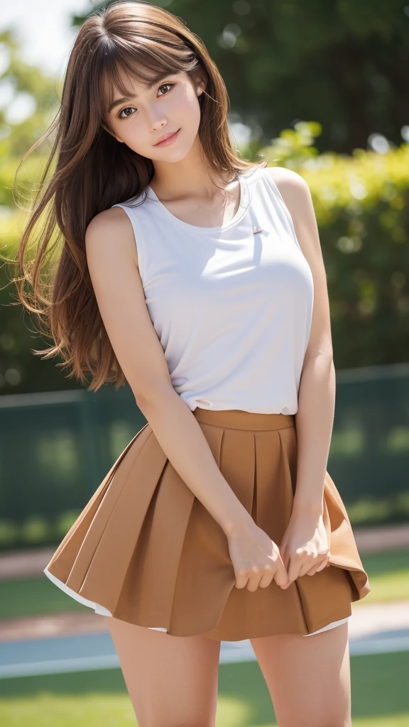 masterpiece, Highest quality, Very detailed, High resolution, (Realistic, photoRealistic:1.37), Excellent anatomy, One beautiful woman,18-year-old,tennis Club,(Knee-deep shots:1.3),(Focus on skirt and thighs:1.5),A small smile,Play Tennis,Tennis Wear, (shape), Ultra Short Short Pleated Mini Skirt, ((Very delicate and beautiful)), (Bokeh, Blurred outdoor background), Brown Hair, Long Hair, bangs,Very beautiful face, Cute type, Baby Face,Big Natural Color Lip, Big and pretty eyes, Brown eyes, Obvious double, Small and cute nose, Brown eyes, Shiny highlight spots around the eyes, Character Focus, Tilt your head, The best light, Best Shadow, mysterious, Perfect Face, Very detailed, Soft Skin, (Glowing Skin, Sweaty: 1.2)'Beautiful feet, Voluptuous thighs, Plump body, Huge breasts, (Expresses the roundness and softness of the chest area.........1), Beautiful body, (The perfect woman),(Lower both arms to the sides:1.3),Relaxed pose,Are standing,Complete off-shot,