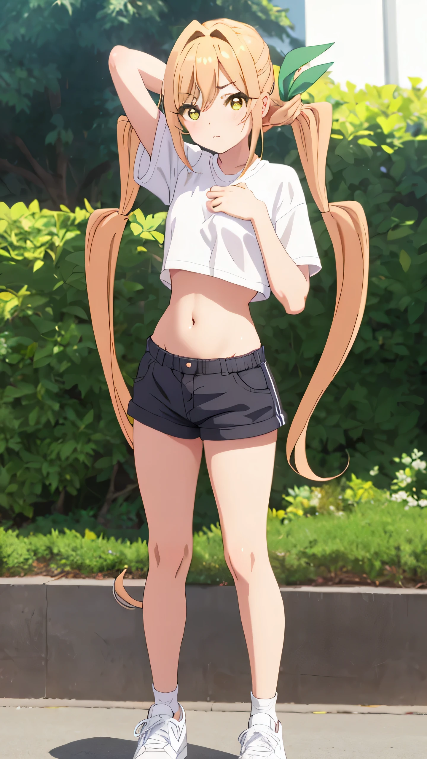 1girl, solo, long hair, breasts, looking at viewer, blush, bangs, shirt, twintails, very long hair, hair ribbon, (yellow eyes:1.3), low twintails, thighhighs, navel, closed mouth, standing, full body, white shirt, short sleeves, thighs, outdoors, shoes, shorts, day, hairclip, midriff, black thighhighs, stomach, arm up, crop top, short shorts, white footwear, denim, sneakers, blue shorts, denim shorts, hand on own head, crop top overhang, cutoffs