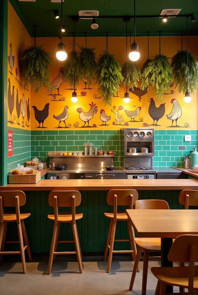 Fried chicken restaurant design with green, yellow and brown color palette, kitchen with industrial equipment 