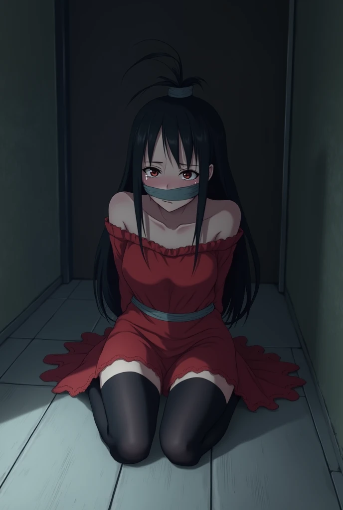 A sad anime girl crying with her long black hair tied in a bun at the back, her cheeks bright red, her mouth tied with a straight gray tape around it, wearing a red off-shoulder red outfit, wearing black pantyhose, sitting on the floor and her panties visible, her arms stuck together from behind and her chest stuck to her arms, her chest and arms tied together with tape, her stomach and chest on the floor