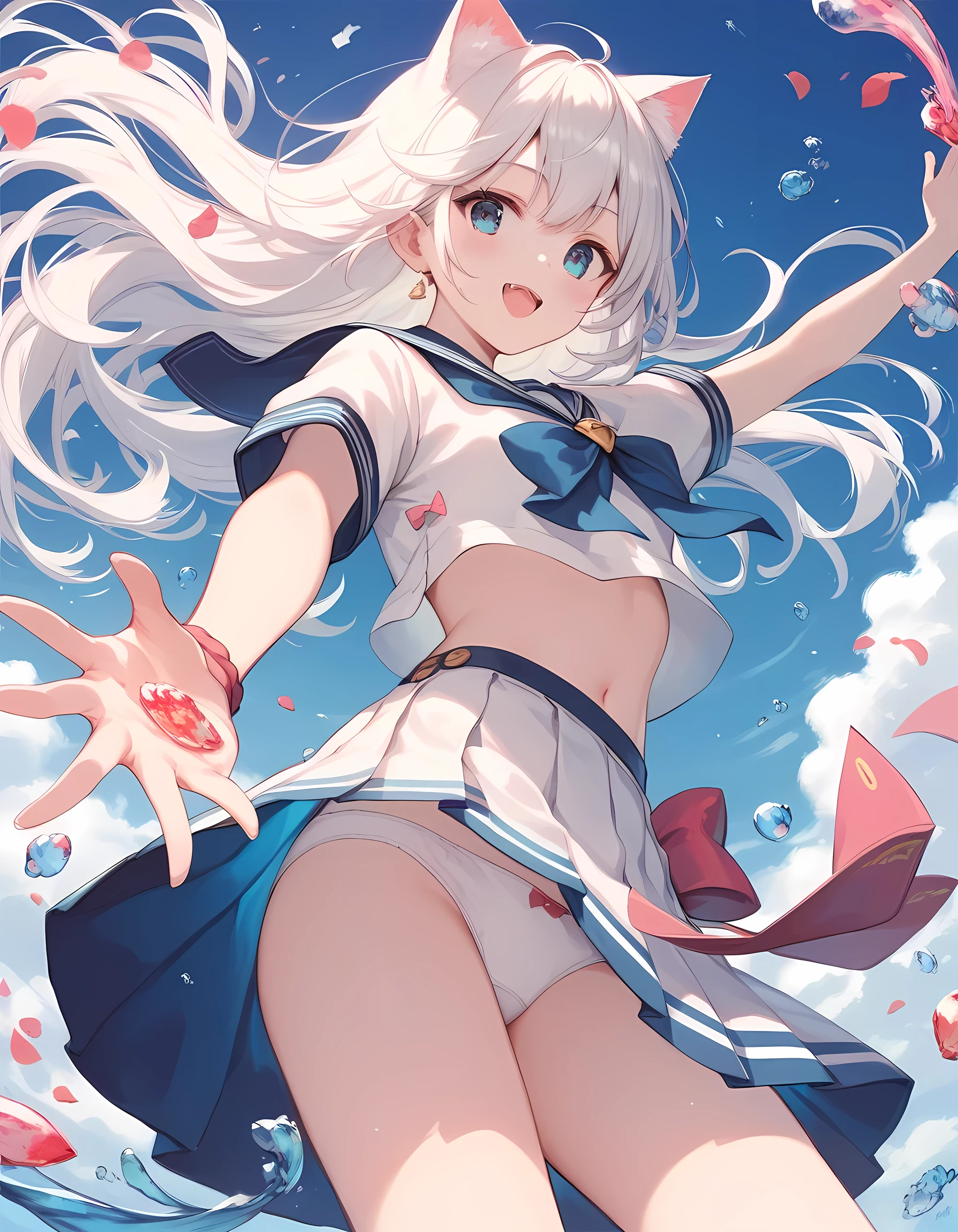 score_9, score_8_superior, score_7_superior, masterpiece, best quality, absurdres, high_fidelity, vibrant, sauce_anime, evaluation_Safety, masterpiece, Highest quality, White haired cat ear girl, Straight, Viewer Perspective, Reaching out, Adorable, Sailor suit, white panties, Cat taill, cowboy shot