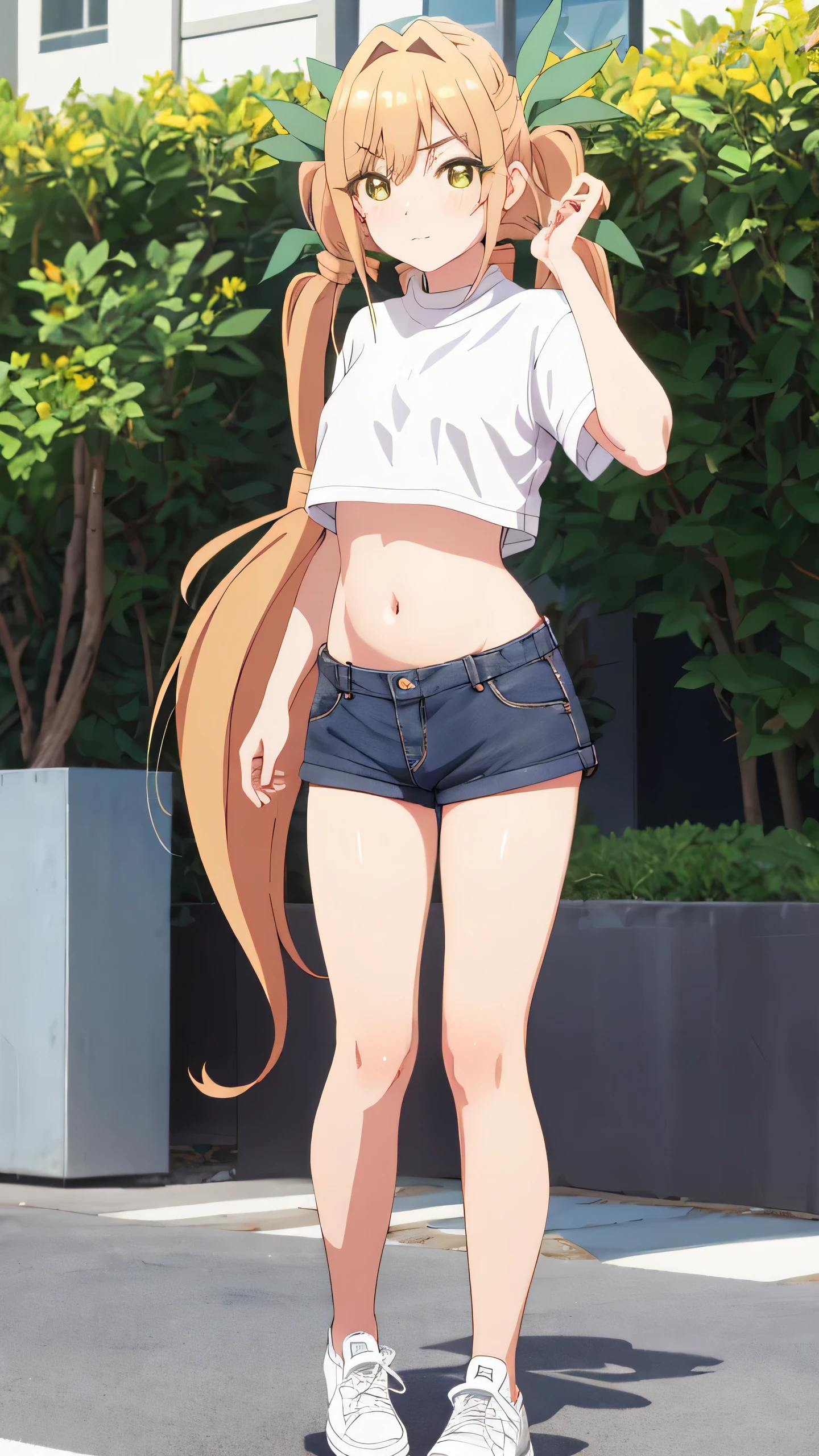1girl, solo, long hair, breasts, looking at viewer, blush, bangs, shirt, twintails, very long hair, hair ribbon, (yellow eyes:1.3), low twintails, thighhighs, navel, closed mouth, standing, full body, white shirt, short sleeves, thighs, outdoors, shoes, shorts, day, hairclip, midriff, black thighhighs, stomach, arm up, crop top, short shorts, white footwear, denim, sneakers, blue shorts, denim shorts, hand on own head, crop top overhang, cutoffs