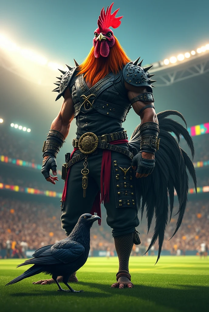 a strong avenging rooster with an evil face and a rock outfit faces a crow smaller than him and scares him. The rooster is imposing next to the crow and faces him on the lawn of a football stadium.