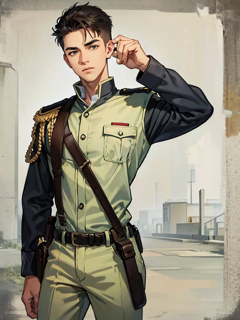 Military boy hold a gun and knife