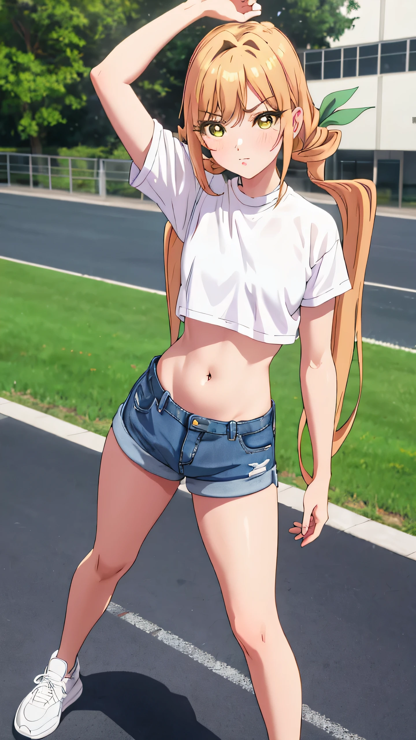 1girl, solo, long hair, breasts, looking at viewer, blush, bangs, shirt, twintails, very long hair, hair ribbon, (yellow eyes:1.3), low twintails, thighhighs, navel, closed mouth, standing, full body, white shirt, short sleeves, thighs, outdoors, shoes, shorts, day, hairclip, midriff, black thighhighs, stomach, arm up, crop top, short shorts, white footwear, denim, sneakers, blue shorts, denim shorts, hand on own head, crop top overhang, cutoffs