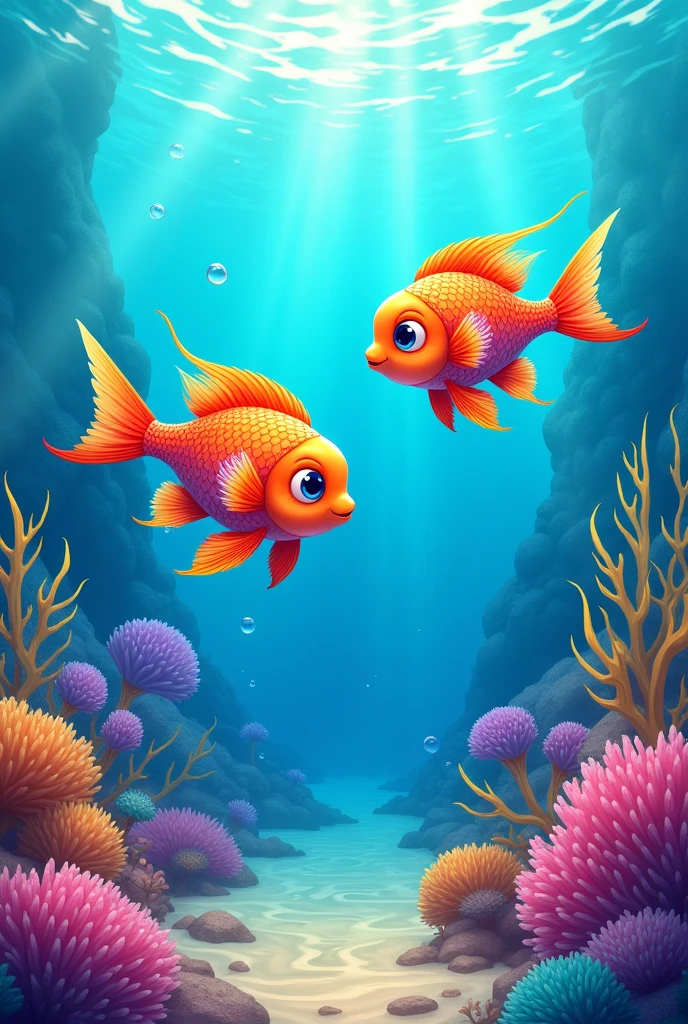 2 colorful fishes playing under the colorful ocean, anime style, sharp lines. high quality line art