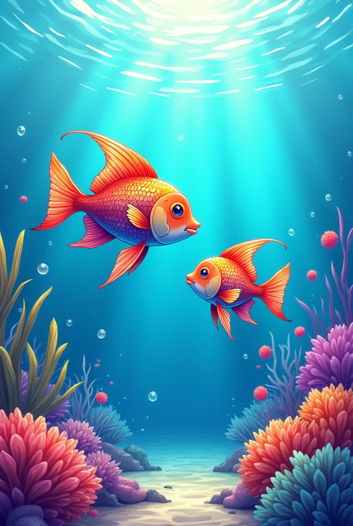 2 colorful fishes playing under the colorful ocean, anime style, sharp lines. high quality line art