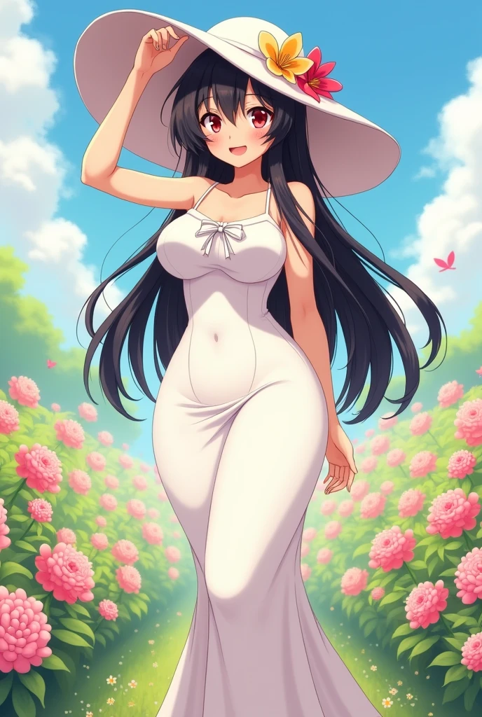 Chunky woman, Black hair, red eyes, big white hat, Big breasts, huge breasts, breasts tight in the dress, wearing a long white dress, Big ass. Anime style, full breasts