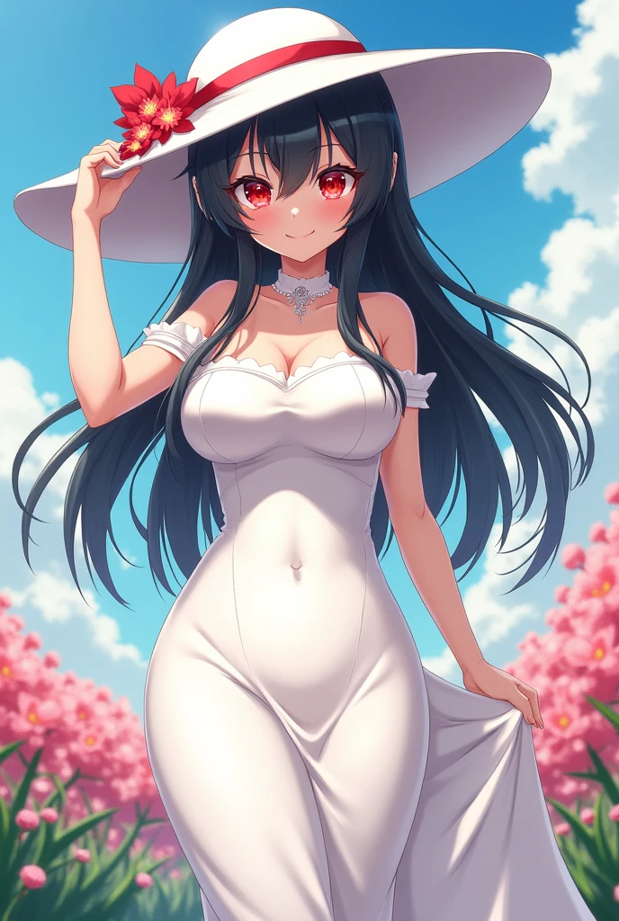 1 woman,Straight hair, long black hair,Standing in the park, smiling, two finger pose, short dress, white dress, strap dress, visible cleavage, wearing a white hat, holding flowers,half body photo, ultra detail, ultra hd, very big breast
