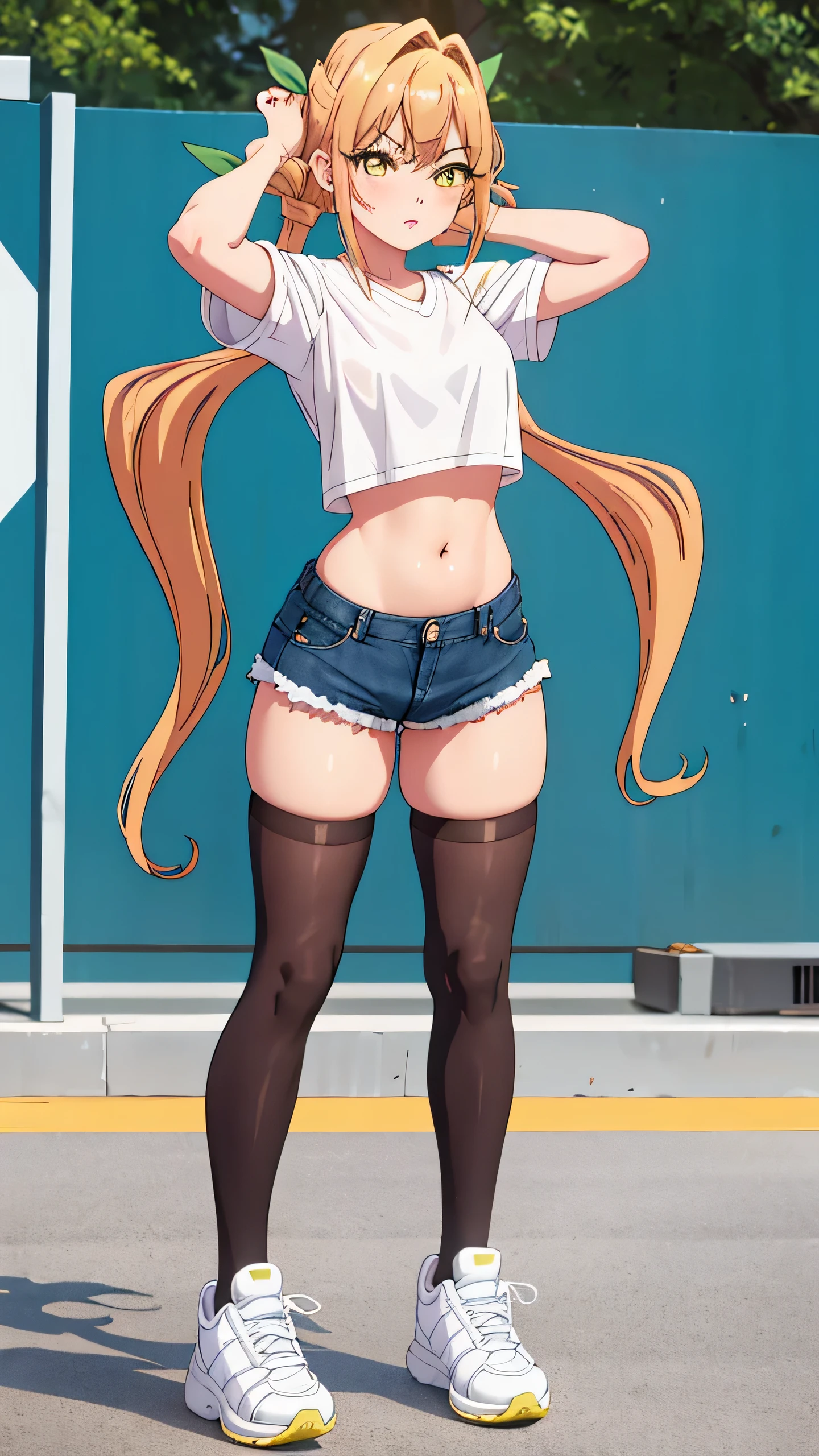 1girl, solo, long hair, breasts, looking at viewer, blush, bangs, shirt, twintails, very long hair, hair ribbon, (yellow eyes:1.3), low twintails, thighhighs, navel, closed mouth, standing, full body, white shirt, short sleeves, thighs, outdoors, shoes, shorts, day, hairclip, midriff, black thighhighs, stomach, arm up, crop top, short shorts, white footwear, denim, sneakers, blue shorts, denim shorts, hand on own head, crop top overhang, cutoffs