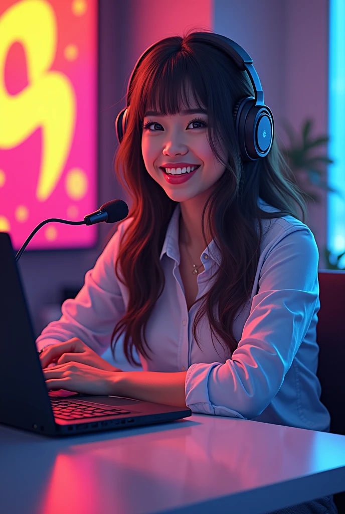 A woman sitting at a table,Laptop and microphone in hands, Sitting in front of the microphone, Twitch Streamers, Twitch Streamers/Ludwig the Gamer, Accept an interview, Accurate portrait, Smile and take control, Hours 3 Hours 3, With a happy expression, Accurate expression, in front, Pop Art, shutter, Studio shot, Very expressive, Realistic Anime, painting,